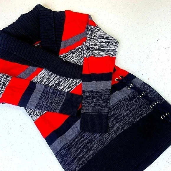 STYLE & CO Wrapped Knit Tunic Sweater Women Size M Striped Pullover Laced Up - Picture 5 of 12